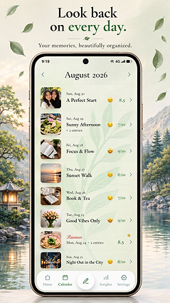 OMOI calendar view listing journal entries by date with mood and score