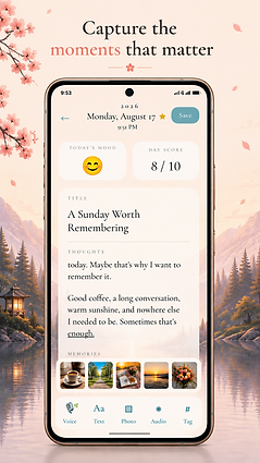 OMOI journal entry screen showing mood, day score, title, thoughts, and memory photos
