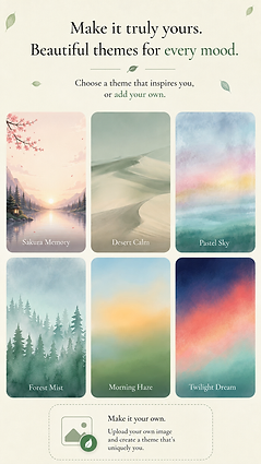 OMOI theme picker showing curated landscape themes and an option to upload your own