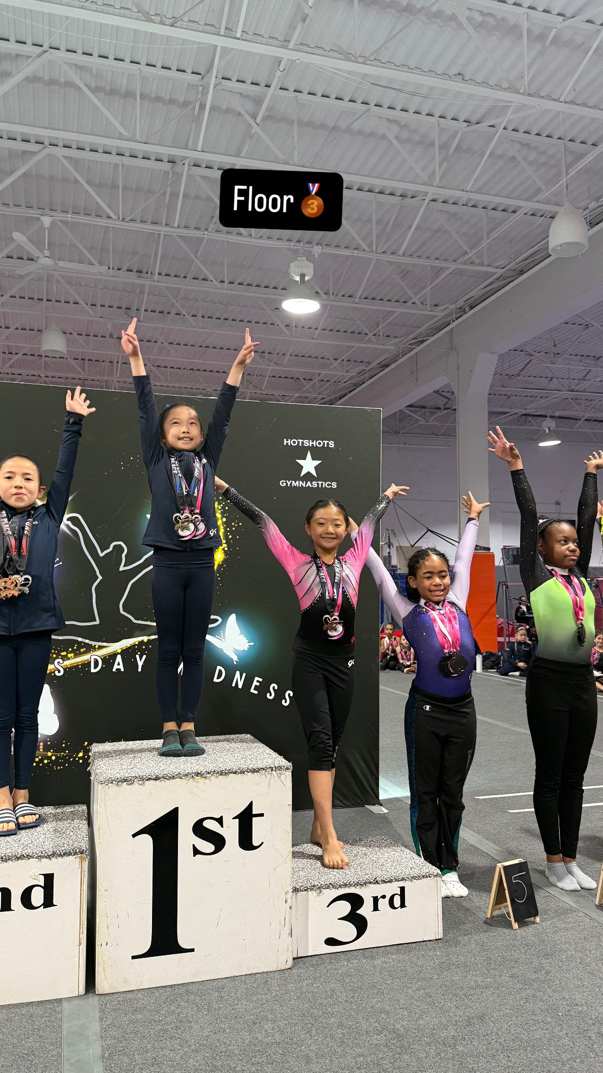 Gymnasts on state championship awards stage with medals