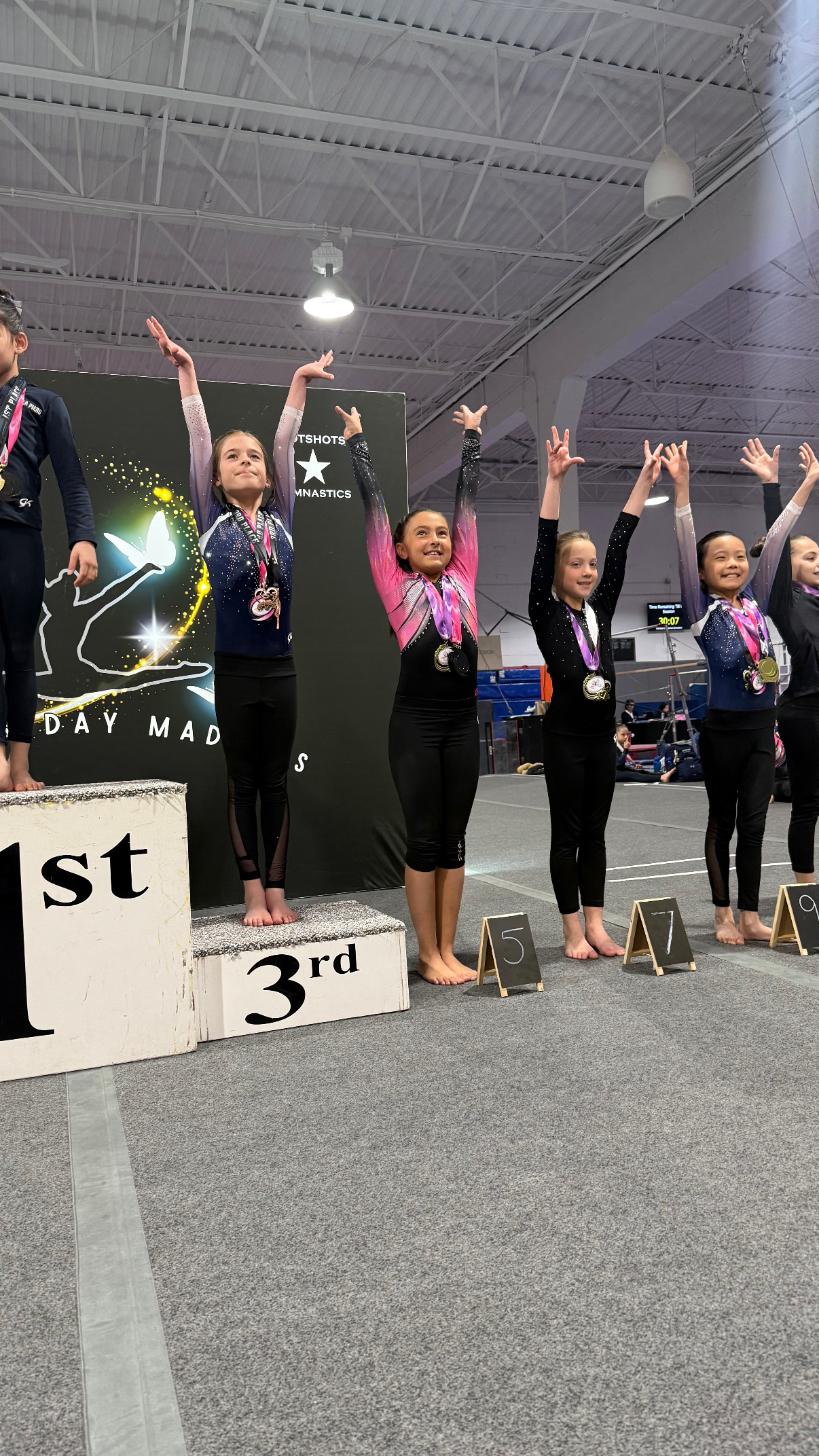 Team gymnasts in pink leotards with medals at state championship