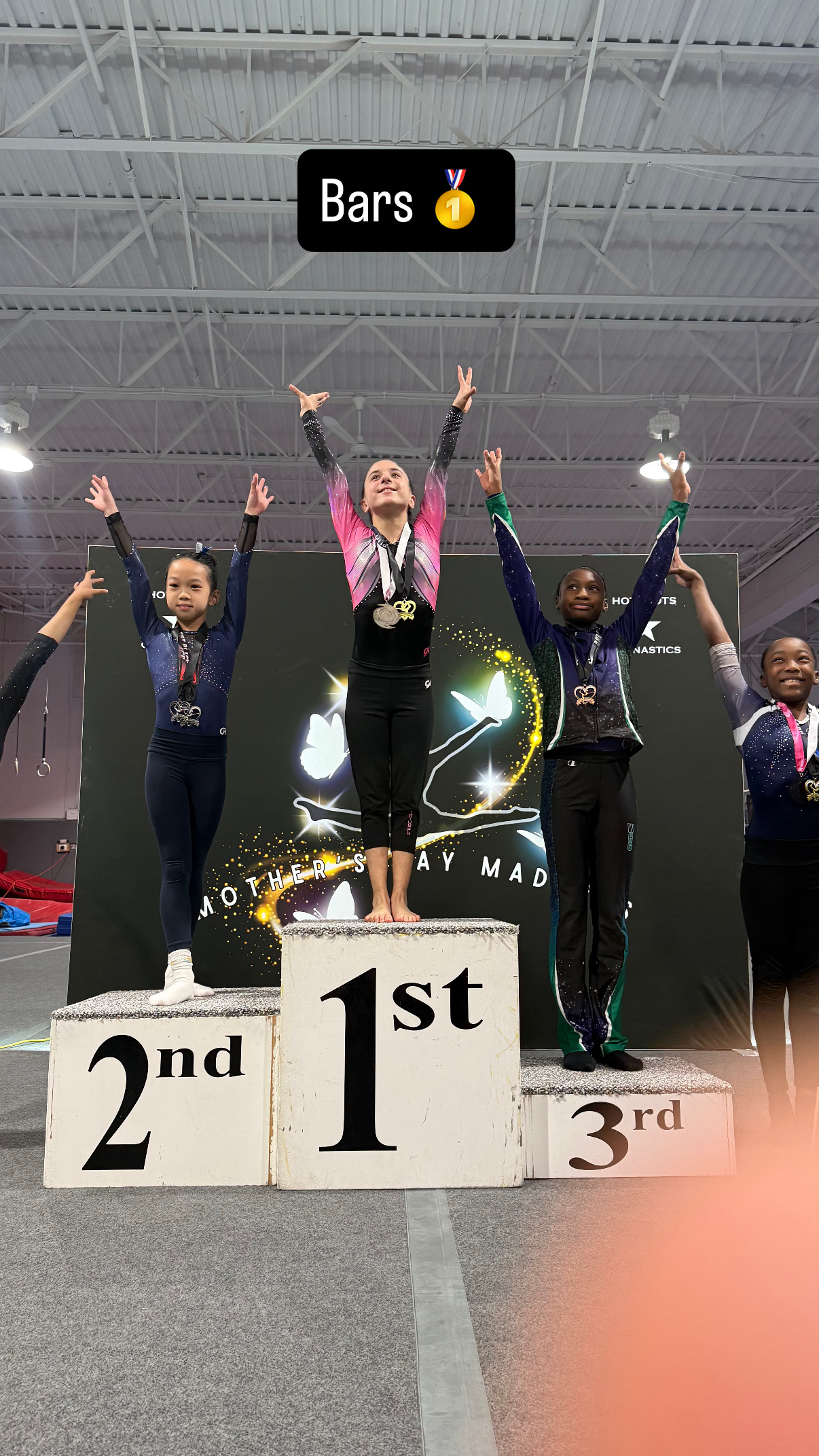 Gymnasts on competition podium celebrating placement