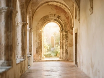 An arched doorway with morning light
