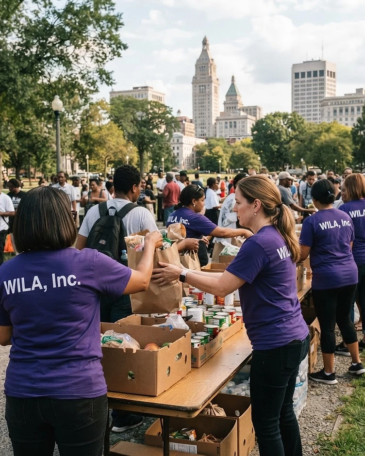 WILA volunteers giving groceries to community members
