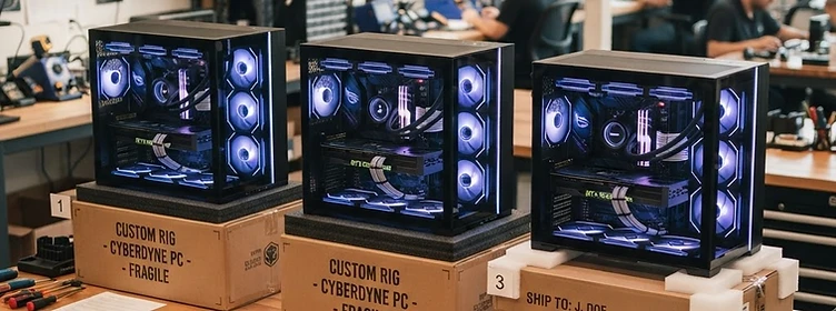 Completed custom-built PCs ready to ship from the CraftCore workshop