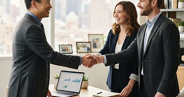 Consultor financeiro a cumprimentar um casal jovem num escritório moderno e luminoso