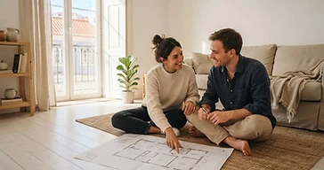 Casal jovem a analisar a planta de uma casa numa sala luminosa e minimalista