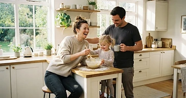 Família numa cozinha luminosa durante a manhã, momento do dia a dia