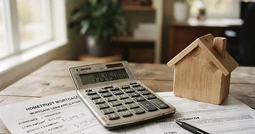 Calculadora, documentos de crédito e uma miniatura de casa em madeira sobre uma secretária