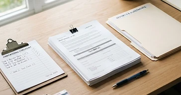 Conjunto organizado de documentos, cartão de identificação, pasta e caneta sobre uma secretária limpa
