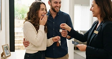 Casal jovem a receber as chaves de uma nova casa num corredor moderno e luminoso, momento de alegria