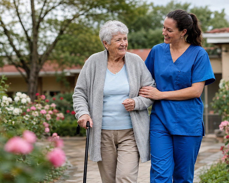 Healthcare professionals in a hospital corridor