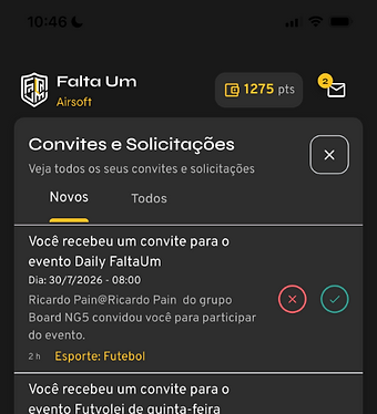 Convites da partida com confirmações no Falta Um