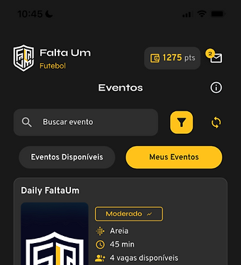 Lista de partidas com data, horário e vagas no Falta Um