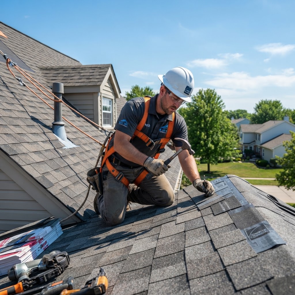 Roofing contractor in safety harness installing shingles on a residential roof