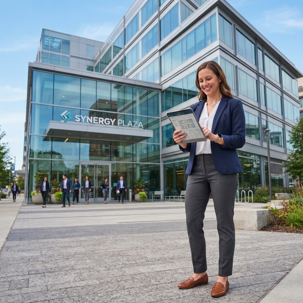 Commercial property manager reviewing a tablet in front of a modern office building