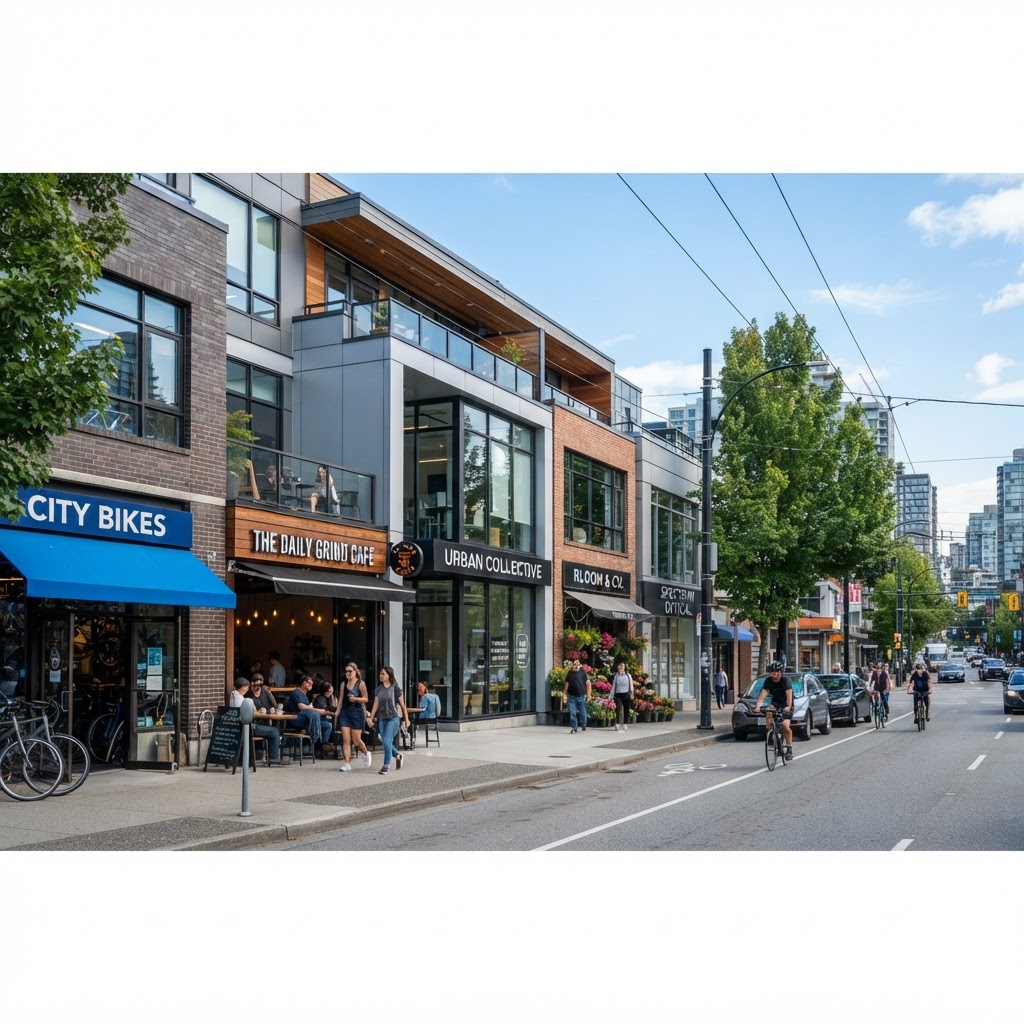 Diverse row of modern commercial businesses along a city street