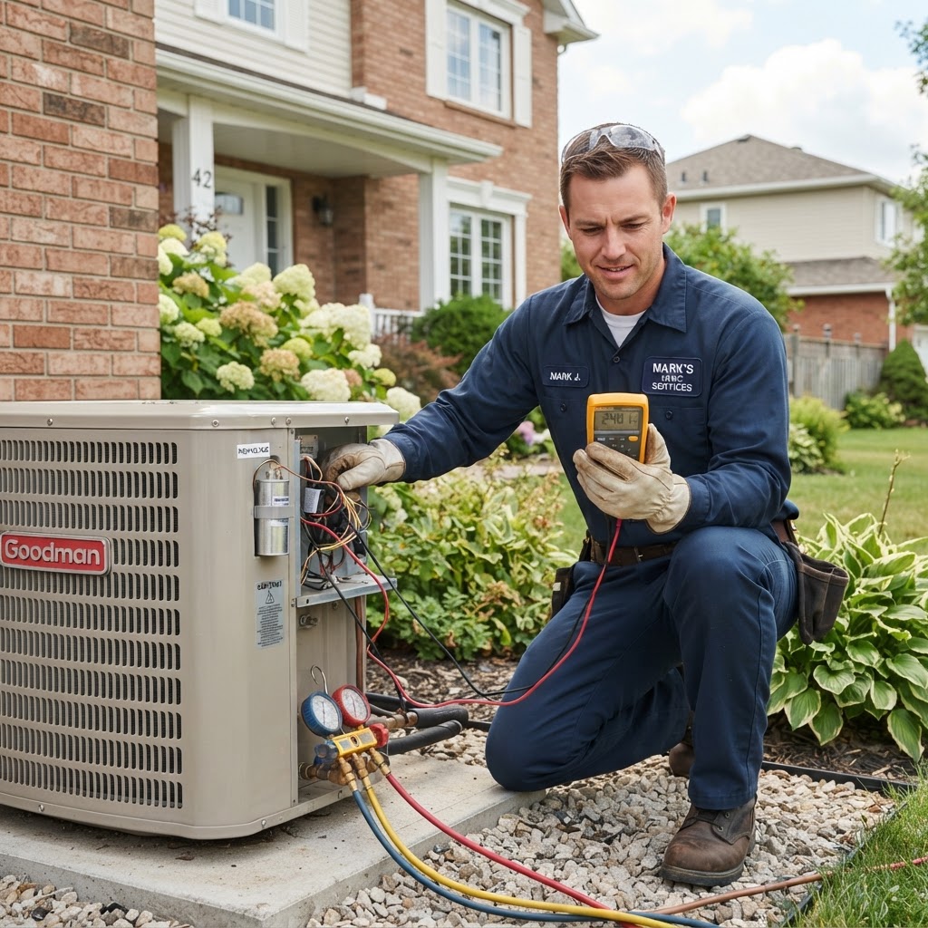 HVAC technician in uniform servicing a residential air conditioning condenser unit