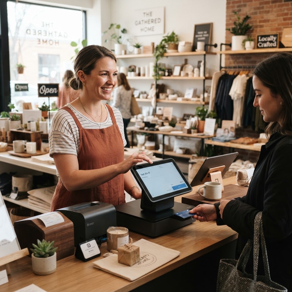 Business owner processing a transaction on a modern point of sale terminal