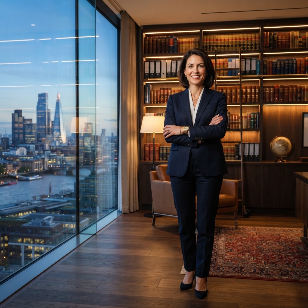 Attorney in a suit standing in a modern law office with bookshelves