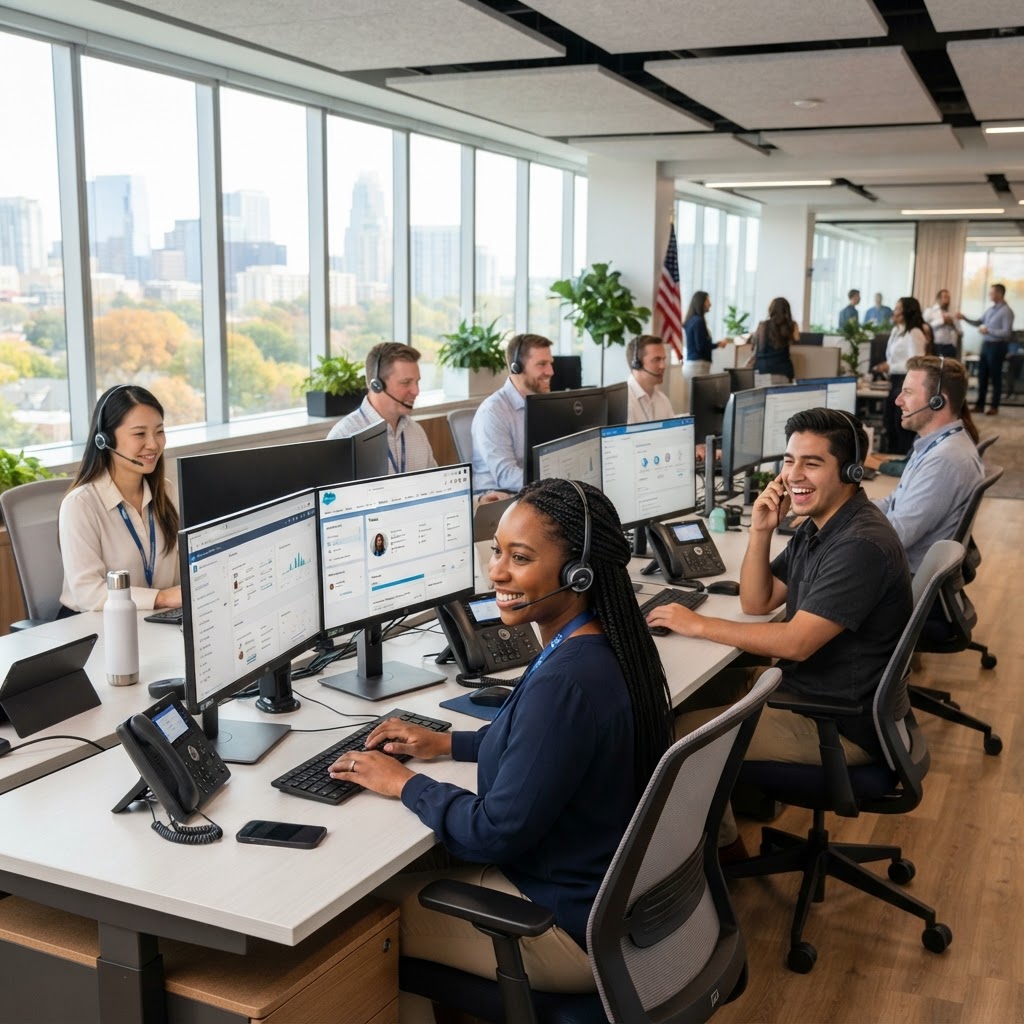 Professional calling team based in the United States, working in a modern call center with headsets and dual monitors