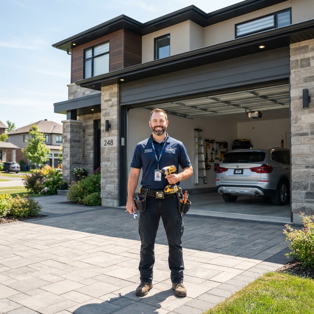 Garage door installation technician standing in front of a modern residential home with an open garage door
