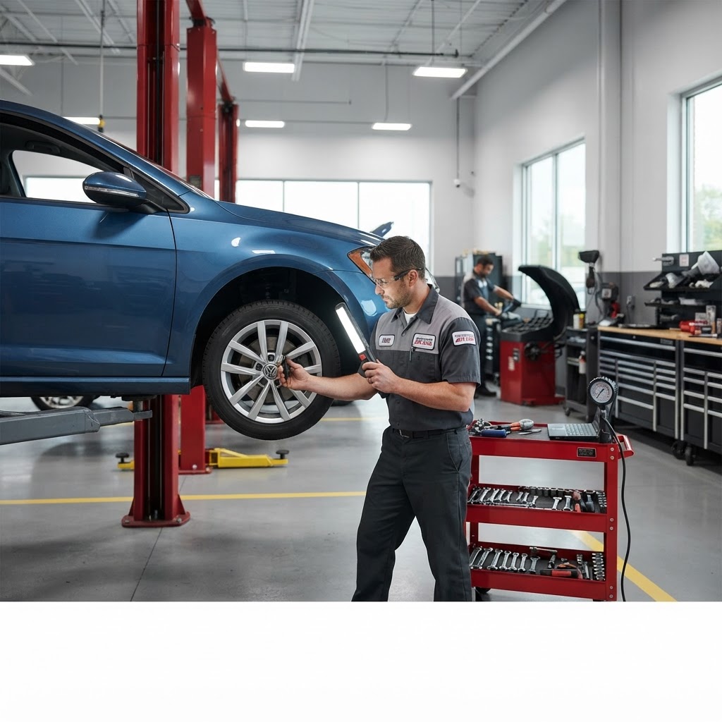 Automotive service technician inspecting a vehicle on a lift in a repair facility