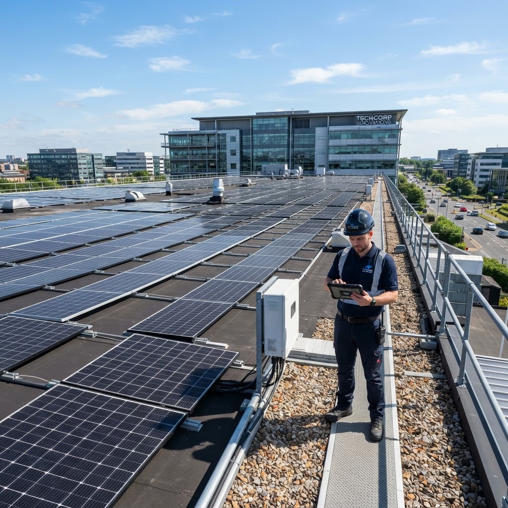 Solar panels on a commercial building roof with a technician reviewing a tablet