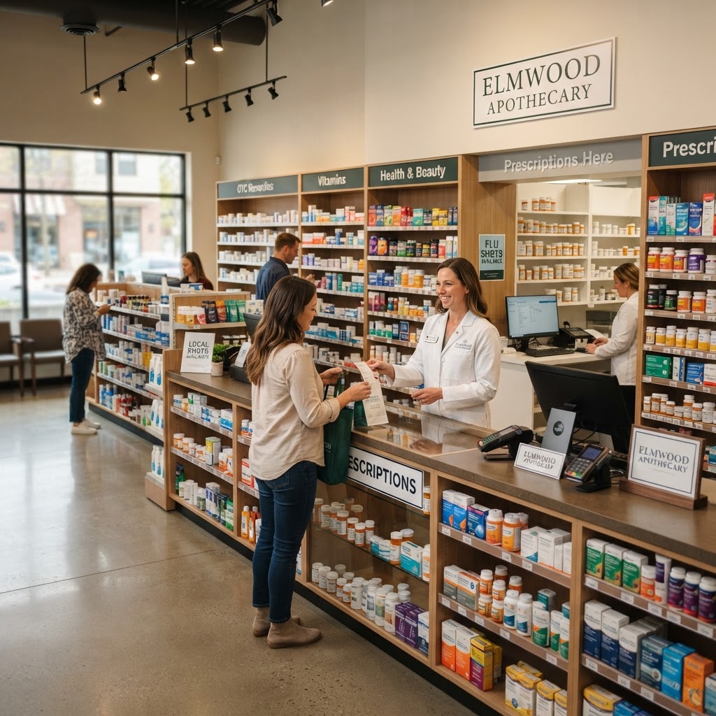 Pharmacist behind the counter of a modern independent pharmacy