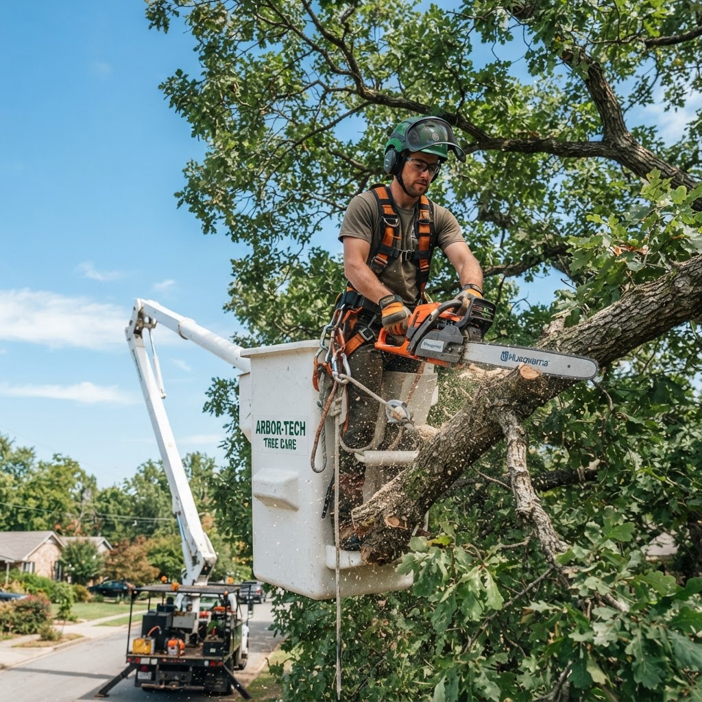 Arborist in a bucket truck trimming a large tree branch with a chainsaw
