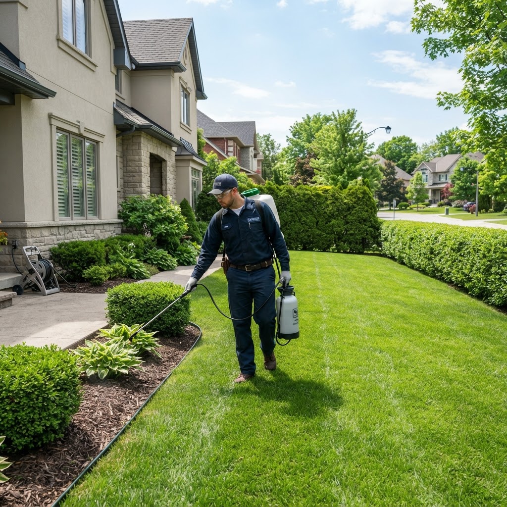 Pest control technician treating the perimeter of a manicured suburban lawn