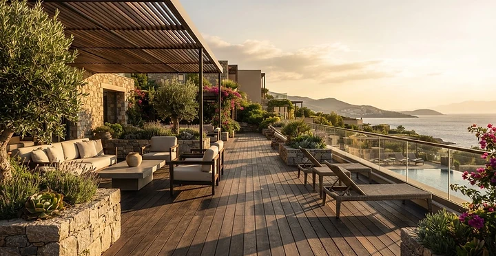 Premium hospitality terrace with natural wood decking, stone planters and minimal canopy