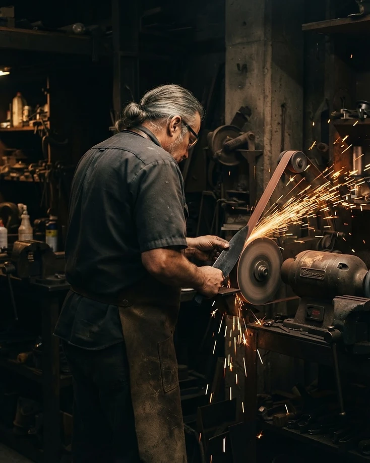 Master technician grinding a blade with orange sparks in a dark workshop