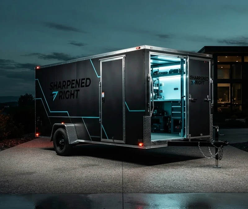 Sharpened Right enclosed mobile sharpening trailer with gloss-black wrap and cyan accents at dusk