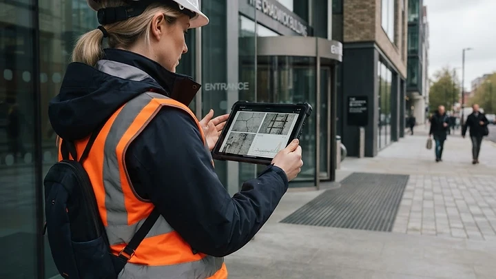 Pledex structural engineer reviewing inspection data on a tablet at a commercial property