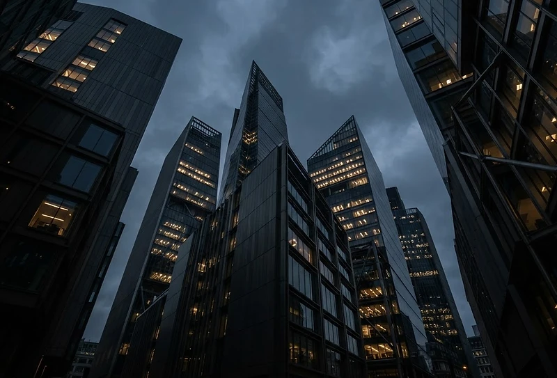 Cluster of modern commercial office buildings at dusk