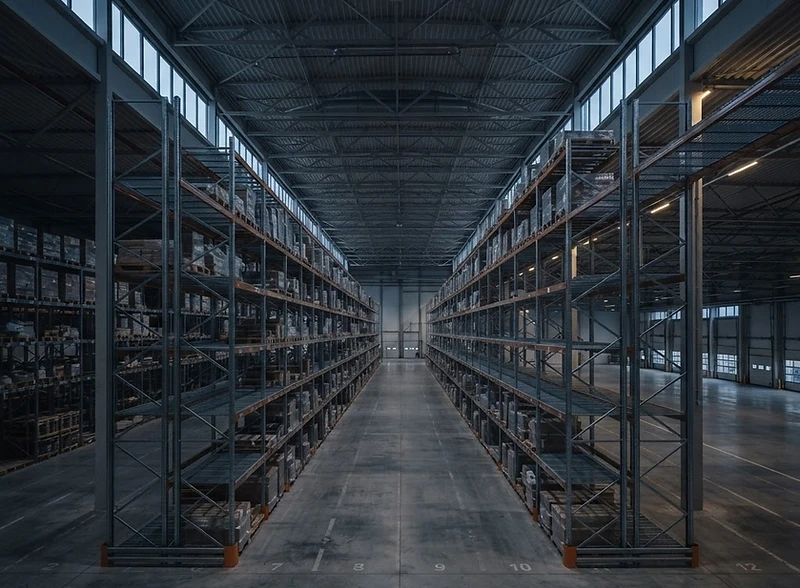 Interior of a modern distribution warehouse with tall pallet racking surveyed for condition and volume