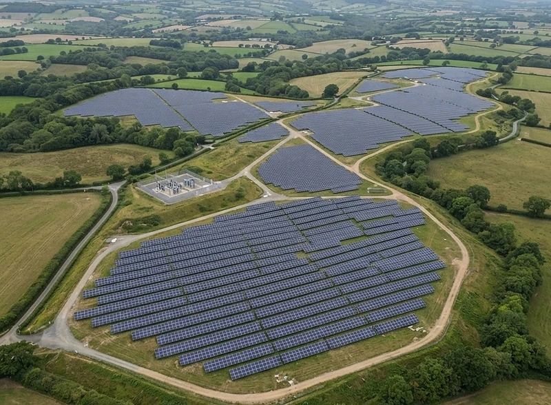 Aerial survey of a large UK solar farm with rows of photovoltaic panels