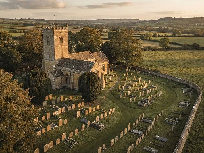 Aerial view of an English churchyard captured for a digital cemetery map