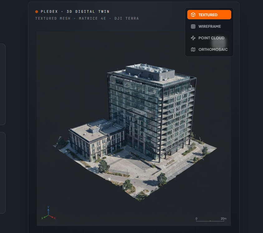 Pledex 3D model of a commercial building — textured mesh view