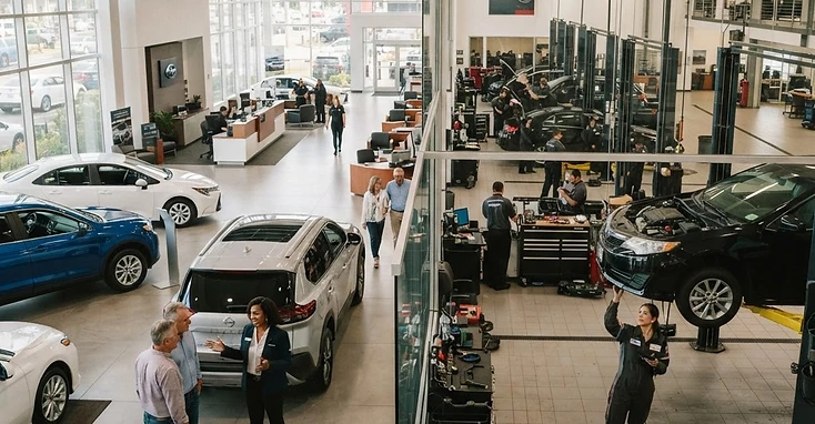 A busy dealership with technicians and sales staff across departments