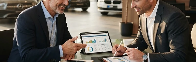 A dealership owner and a financial advisor reviewing a benchmark together