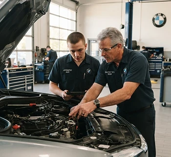 A senior technician mentoring an apprentice in a dealership service bay
