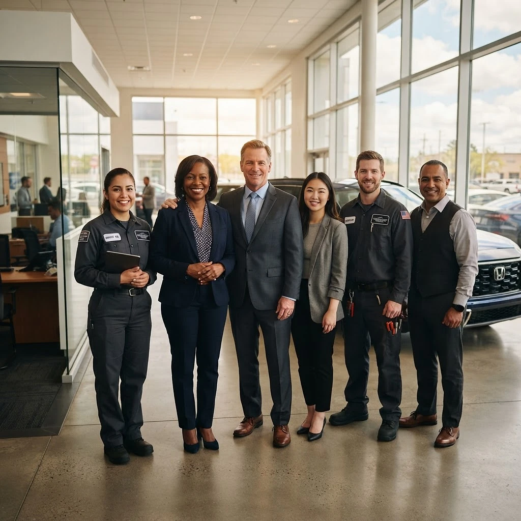 A team of dealership employees in a modern showroom