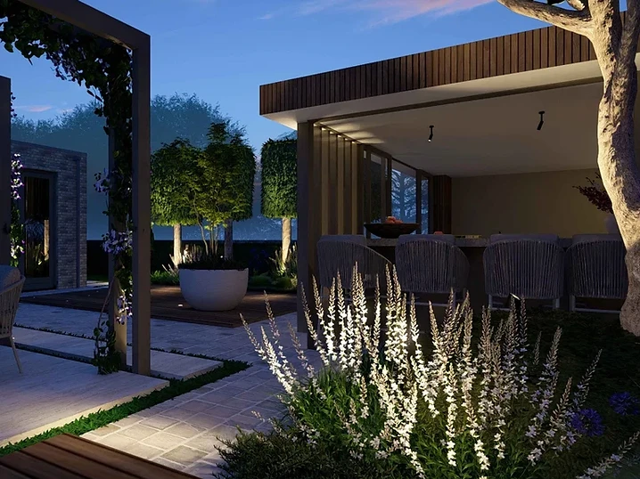 Lichtplan-Service für Privatkunden — Garten bei Dämmerung