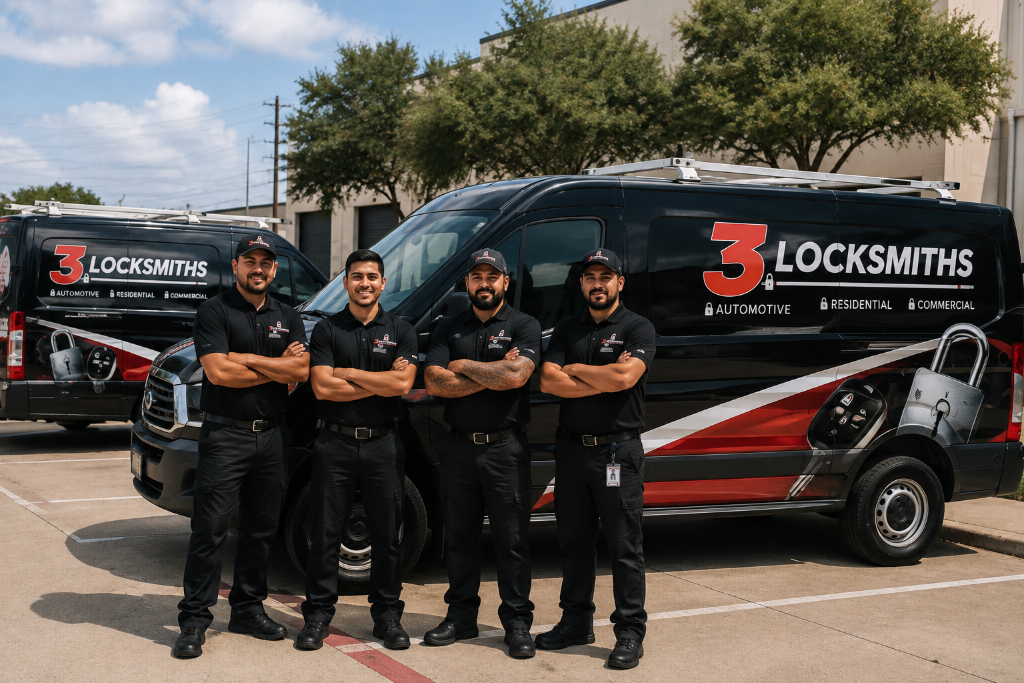 3 Locksmiths team of licensed mobile locksmith technicians in uniform with branded service vans in Texas