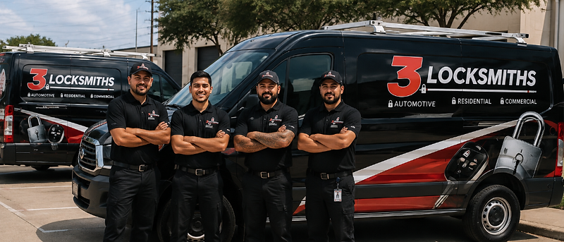3 Locksmiths team of licensed mobile locksmith technicians in uniform with branded service vans in Texas