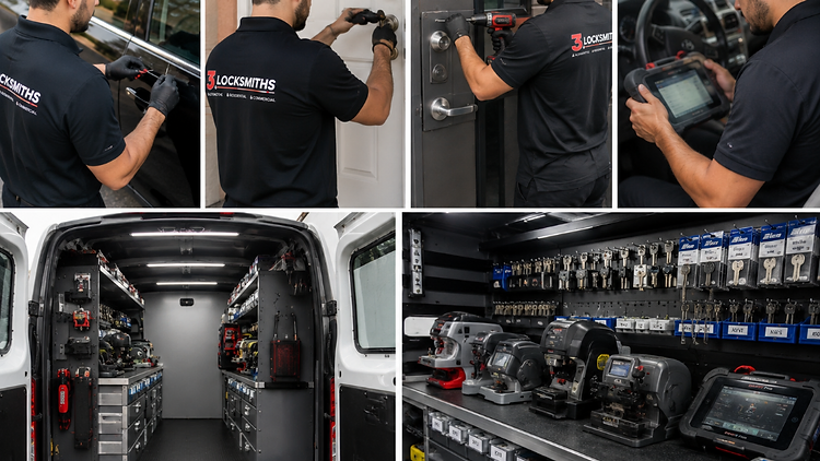 3 Locksmiths process collage showing automotive, residential, and commercial locksmith work plus fully-stocked mobile service van