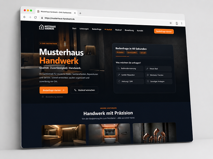 Dunkles Website-Mockup des fiktiven Premium-SHK-Betriebs Musterhaus Handwerk in Düren