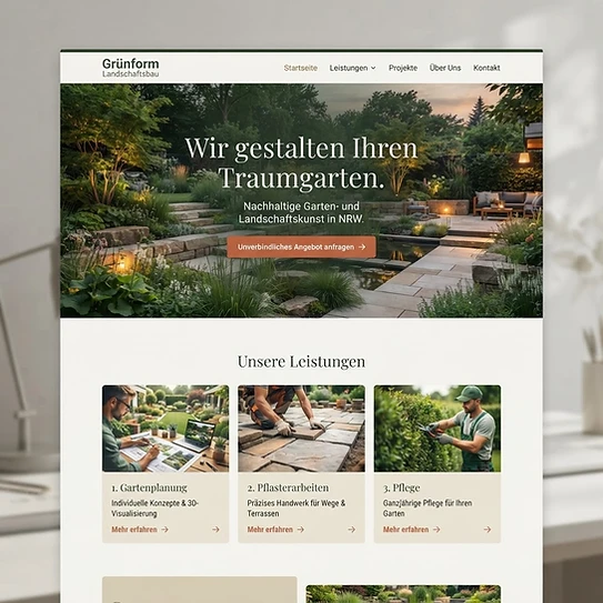 Website-Mockup des fiktiven Garten- und Landschaftsbauers Grünform in der Region Aachen